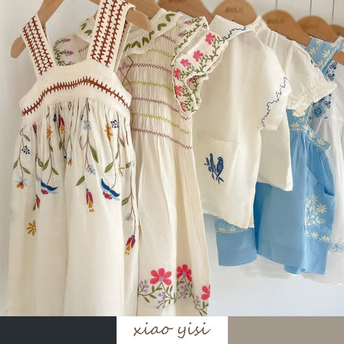 xiaoyisi25夏女童花朵刺绣打揽连衣裙 儿童北欧田园风背带裤衬衫