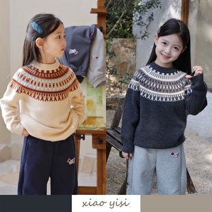 儿童圆领加厚毛衣 100%纯羊毛费尔岛女童羊毛衫 xiaoyisi 25新款