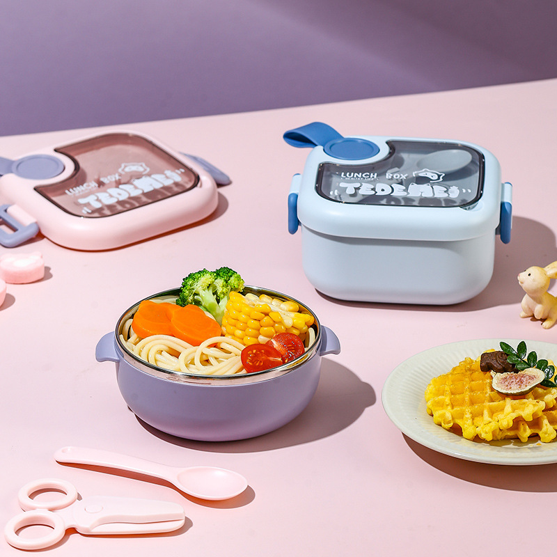 儿童保温餐盒304不锈钢卡通便携宝宝可爱餐盒勺子剪刀碗三件套装