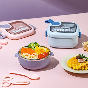 儿童保温餐盒304不锈钢卡通便携宝宝可爱餐盒勺子剪刀碗三件套装