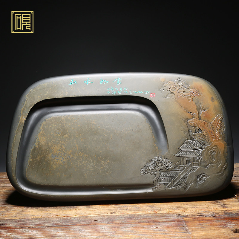 孤品 匠心非遗 大师砚 老坑砚台作品《山水如画》老坑金晕籽料作品书法绘画精品高档原石歙砚文房四宝端砚