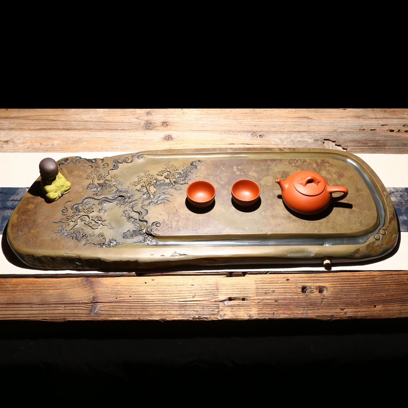 【孤品】匠心非遗老坑砚石茶盘 大师雕刻设计《小桥流水》高端文房功夫茶具茶台精品原石手工孤品歙砚端砚