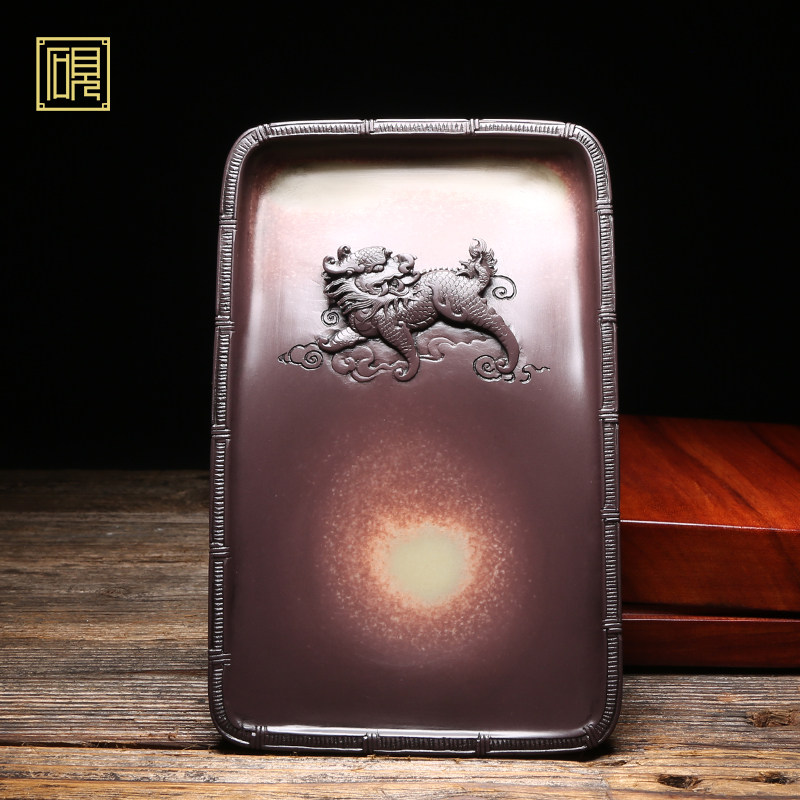 【孤品】匠心非遗传人 工艺美术大师柯崇《麒麟砚》天然紫袍玉石砚台 精品手工砚台 高档文房四宝礼品歙砚