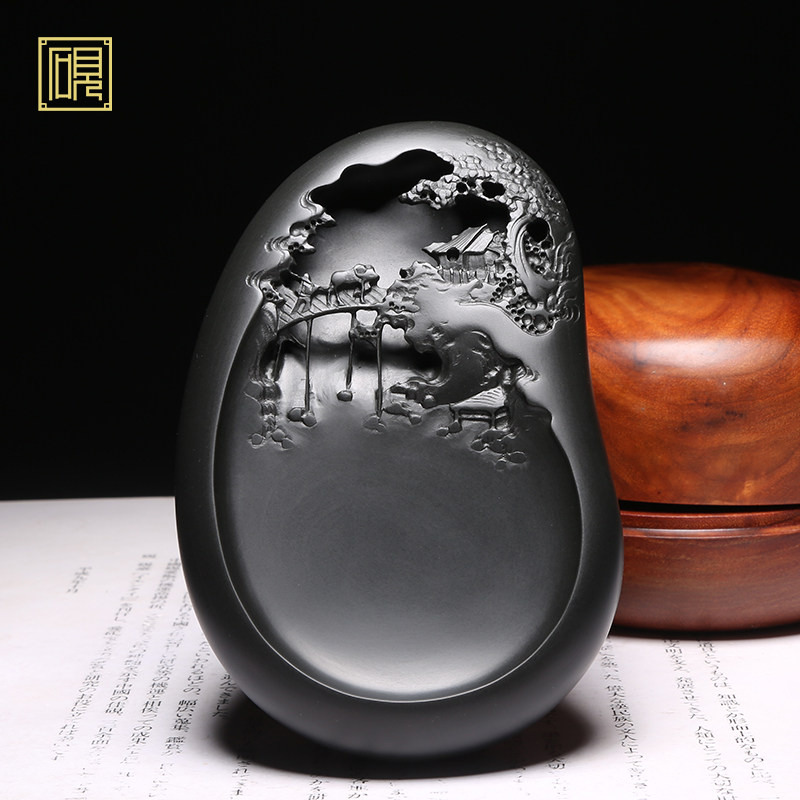 精品歙砚 名师作品 老坑砚台 牧归图 天然原石手工雕刻原石黑龙尾端砚四大名砚收藏送礼佳品文房四宝山水砚台