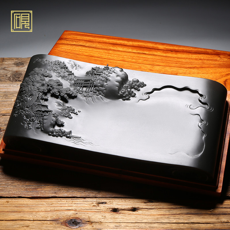 孤品 精品歙砚名师歙砚老坑原石籽料 锦绣河山珍藏手工文房传承四大名坑歙砚收藏礼品文房四宝端砚