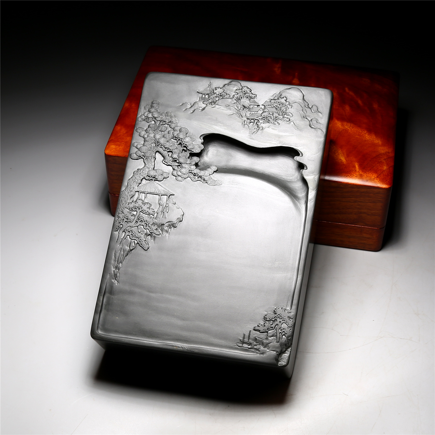 非遗/名师手工砚台/高山流水/原石老坑金晕歙砚高档礼品珍藏文房四宝书法专用歙砚端砚成人研磨墨砚台