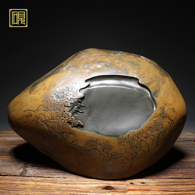 孤品 安徽省高级工艺美术师作品 老坑砚台《山水如画》高档送礼品珍藏天然原石黑龙尾文房四宝歙砚端砚