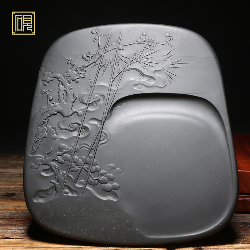 砚台《岁寒三友》四大名坑暗细罗纹高端文房作品高档原石歙砚文房端砚