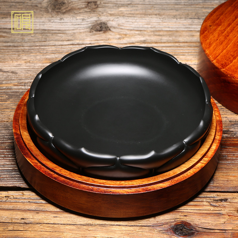 匠心非遗名师 老坑作品/莲花砚/手工雕刻制作天然黑龙尾原石歙砚中华龙砚台浮雕档次摆件老坑收藏送礼佳品