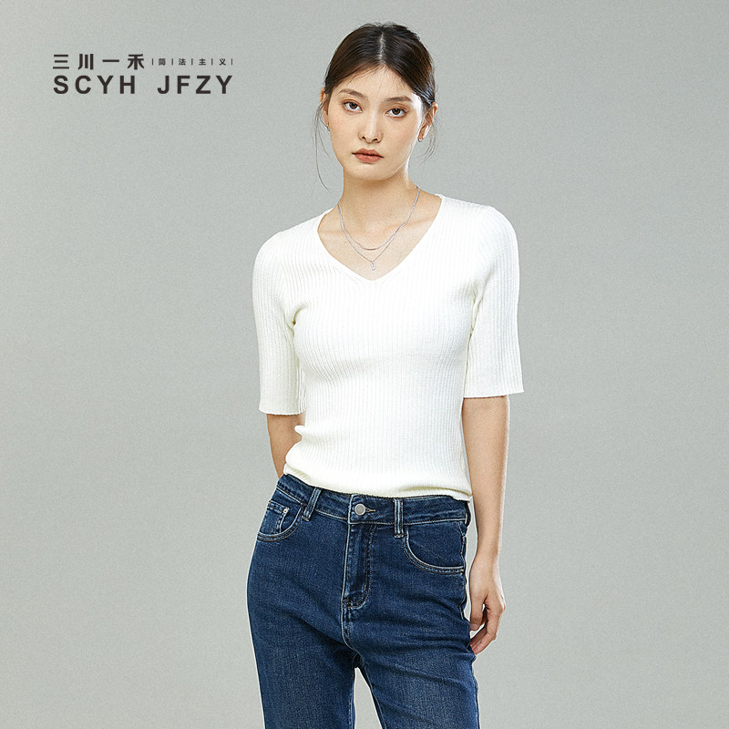 三川一禾秋冬女士v领内搭针织五分袖毛衣