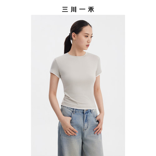 简约百搭女士撞色假两件短袖T恤