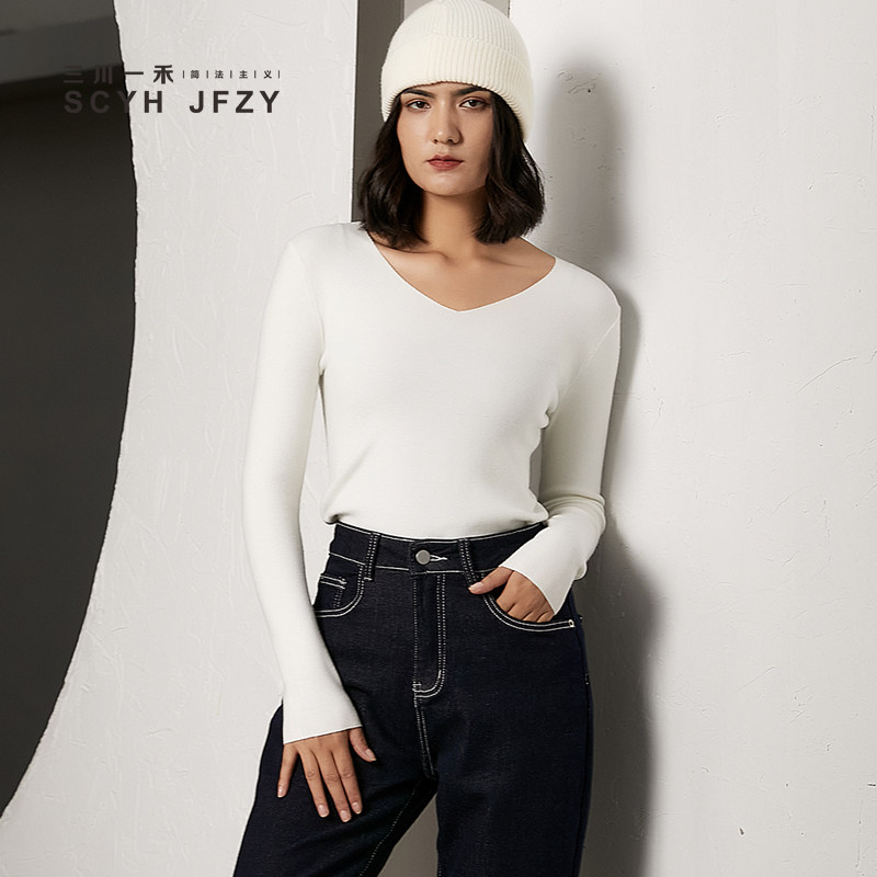 三川一禾秋冬女士v领打底针织毛衣