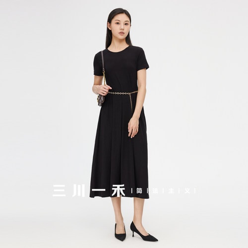 三川一禾女士侧边收褶短袖连衣裙