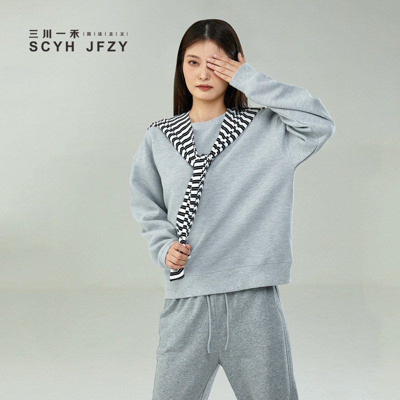 三川一禾秋冬女士条纹可拆卸披肩卫衣