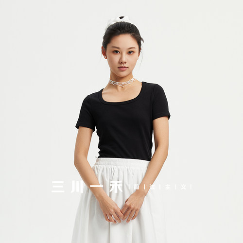三川一禾女士修身U领短袖T恤