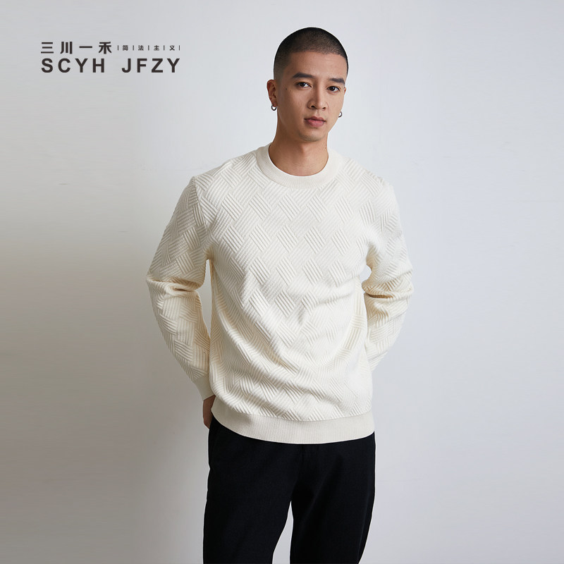 三川一禾男士斜纹圆领毛衣