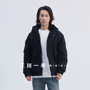 三川一禾男士格纹工装户外连帽羽绒服2025冬新款保暖御寒外套上衣