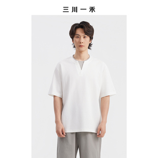 三川一禾微阔版男士拼接假两件V领时尚设计感休闲短袖T恤上衣