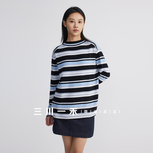 三川一禾女士羊毛彩条毛衣秋季条纹撞色圆领针织衫宽松打底衫上衣