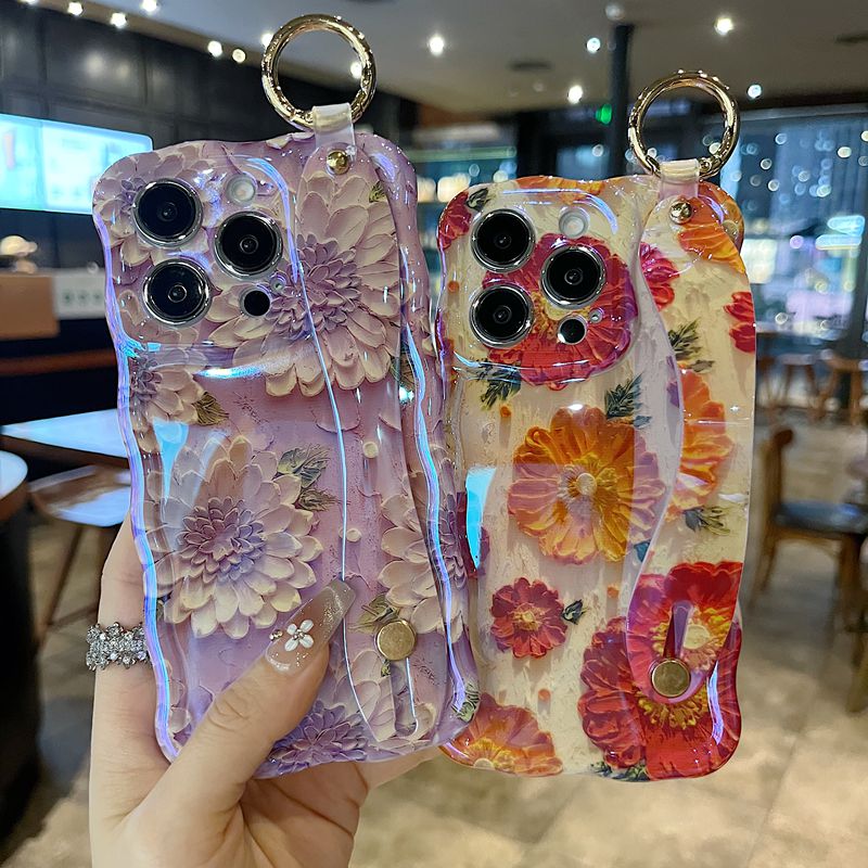 适用苹果系列iPhone16新款手机壳15pro14promax高级油画蓝目菊紫13pro16promax精孔腕带支架扭扭边防摔保护套