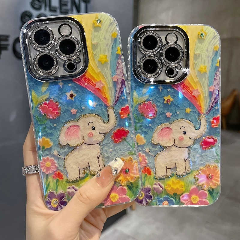 适用苹果系列iPhone17新款手机壳16pro/14promax小众彩虹大象花朵13pro/15promax全包闪粉镜头防摔网红保护套