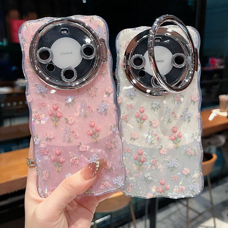 适用华为mate70系列苹果16promax新款手机壳mate60时尚优雅郁金香贝壳纹14pro15pro全包闪粉镜头膜支架保护套