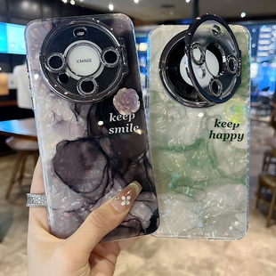 适用华为mate70系列苹果16promax新款手机壳mate60时尚绿色晕染立体山茶花14/15pro全包隐形支架镜头膜保护套