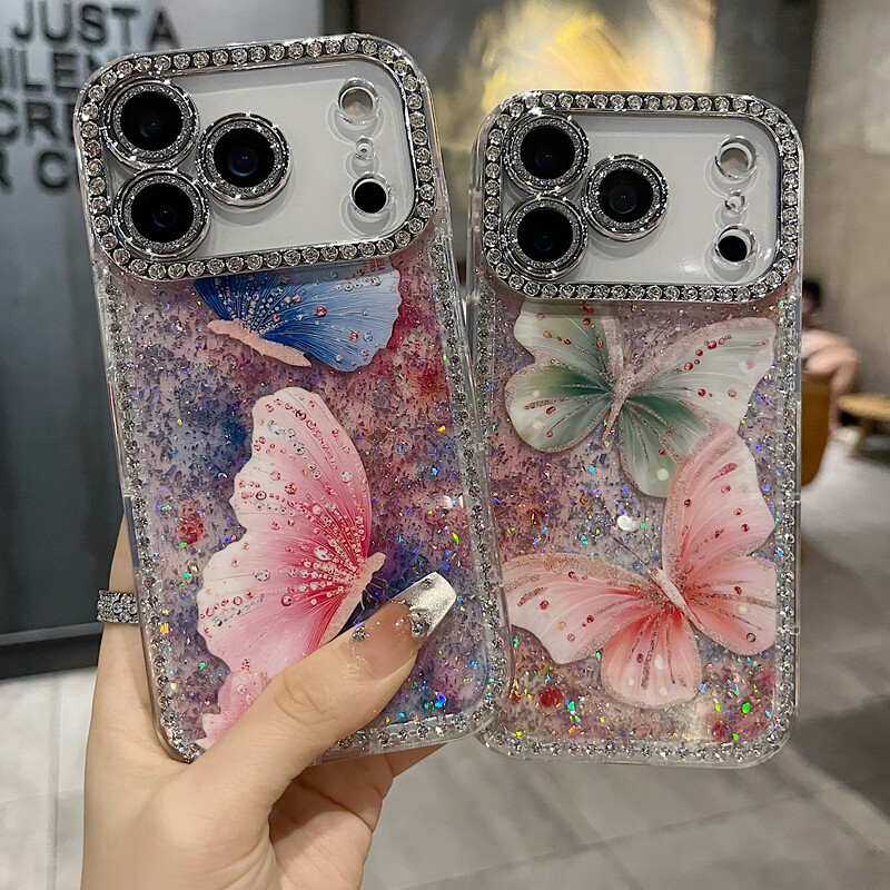 适用苹果系列iPhone17新款手机壳15promax14promax小众正面绿粉蝴蝶13pro16pro扭边钻框闪钻镜头膜网红保护套