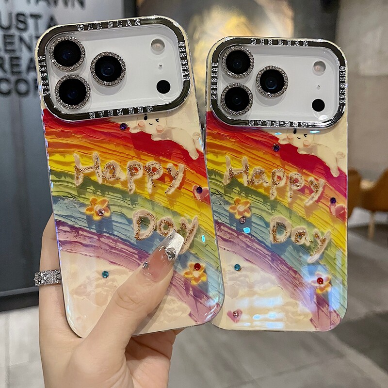 适用苹果系列iPhone17新款手机壳16pro15promax小众可爱彩虹Happy day兔子14promax闪砖电镀镜头膜网红保护套