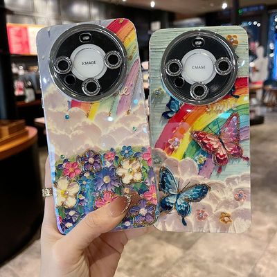 适用华为Mate70系列苹果iPhone16新款手机壳P70/P70pro时尚优雅油画彩虹花海mate60pro全包闪粉镜头膜保护套