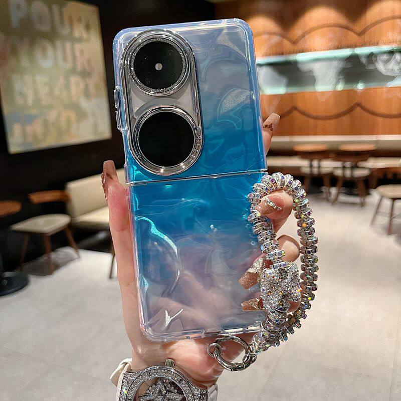 适用华为pocketS系列折叠屏新款手机壳pocket2个性高级褶皱水波纹镭射炫彩蓝色挂绳p50pocket网红翻盖保护套