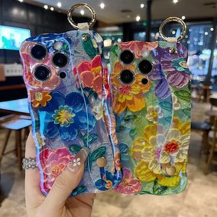 适用苹果系列iPhone16新款手机壳15pro14promax复古高级蓝粉花朵13pro16promax精孔腕带支架扭扭边防摔保护套