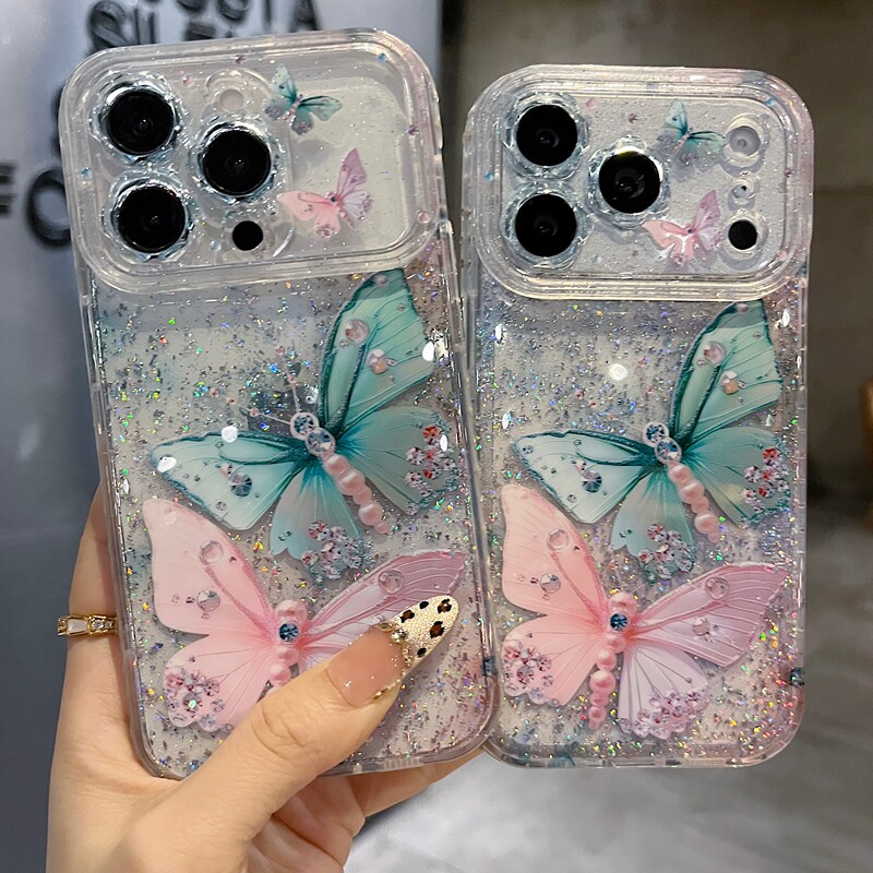 适用苹果系列iPhone17新款手机壳13pro/16promax时尚暴闪粉绿两只蝴蝶15pro/14promax全包花朵镜框网红保护套