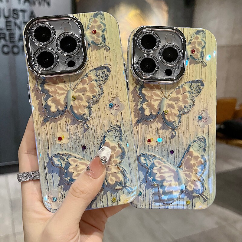 适用苹果系列iPhone17新款手机壳15promax14promax时尚蓝白蝴蝶13promax16promax全包闪粉镜头防摔网红保护套