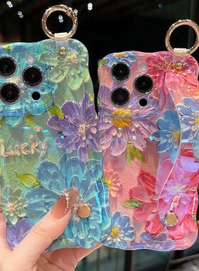 适用苹果系列iPhone16新款手机壳15pro14promax时尚蓝色樱花13pro16promax透气精孔扭扭边腕带支架防摔保护套