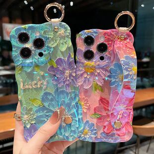 适用苹果系列iPhone16新款手机壳15pro14promax时尚蓝色樱花13pro16promax透气精孔扭扭边腕带支架防摔保护套