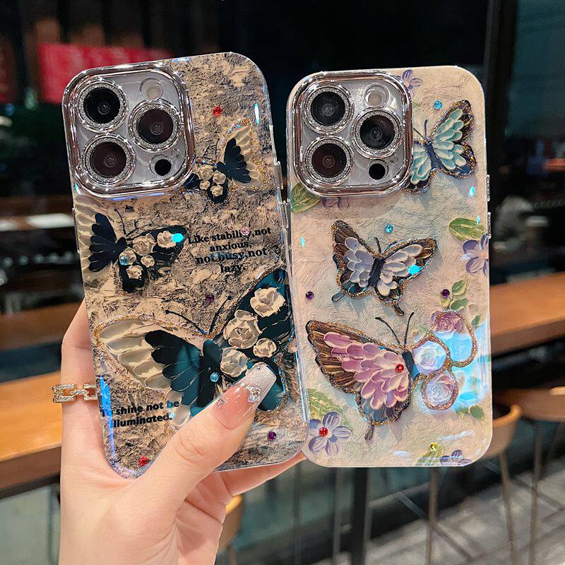适用苹果系列iPhone16新款手机壳15pro/14promax优雅复古黑白玫瑰蝴蝶13pro/16promax全包闪粉镜头膜保护套