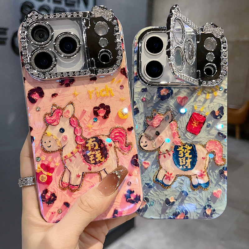 适用苹果系列iPhone17新款手机壳14pro/16promax小众豹纹马上發财13pro/15promax满钻猫咪支架镜框网红保护套