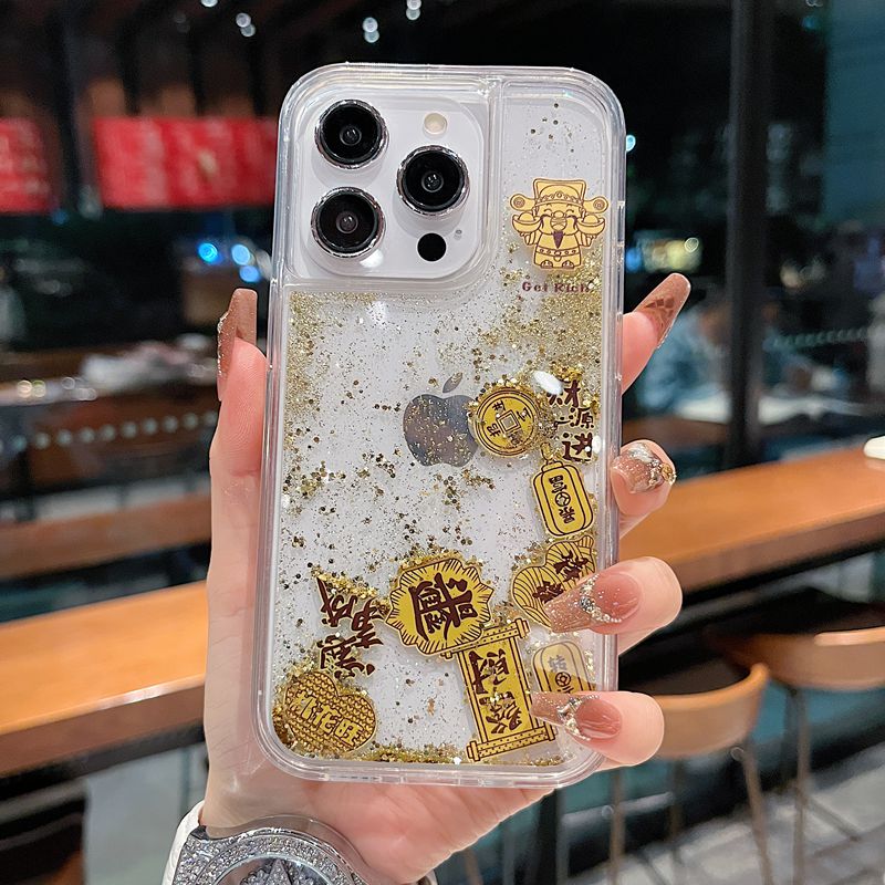 适用苹果系列iPhone16新款手机壳15promax/14promax个性财神爷流沙金箔滑片13pro16promax透明全包大孔保护套