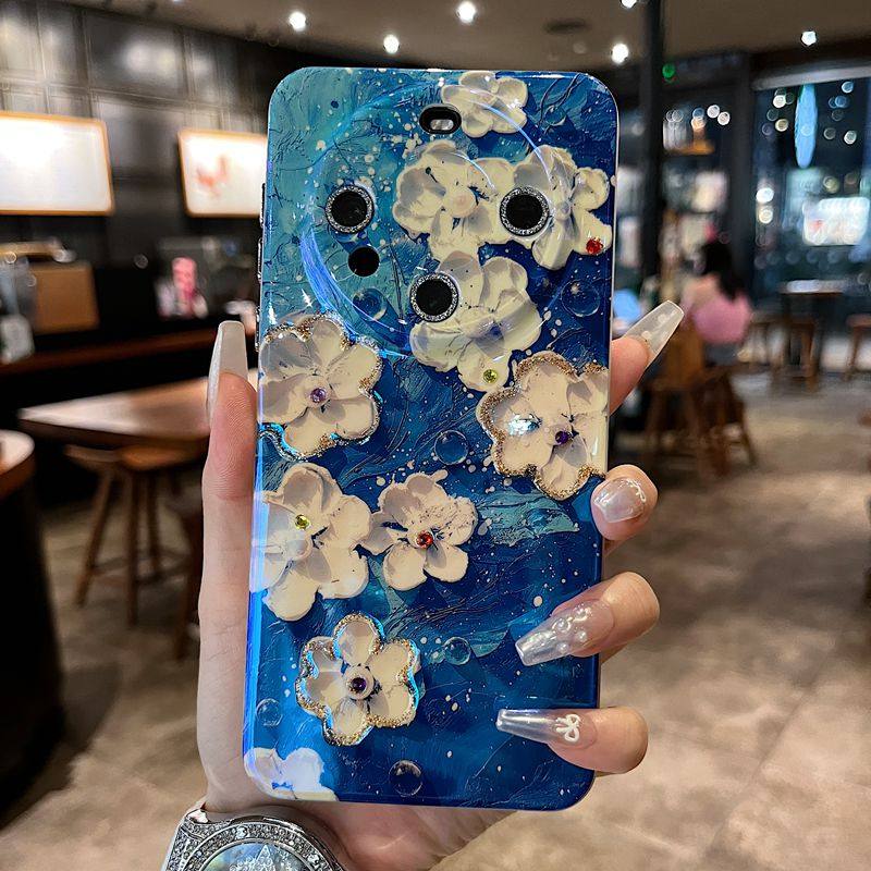 适用华为mate60苹果15promax系列新款手机壳14pro/13小清新时尚复古点钻蓝色小白花全包镜头膜防摔网红保护套