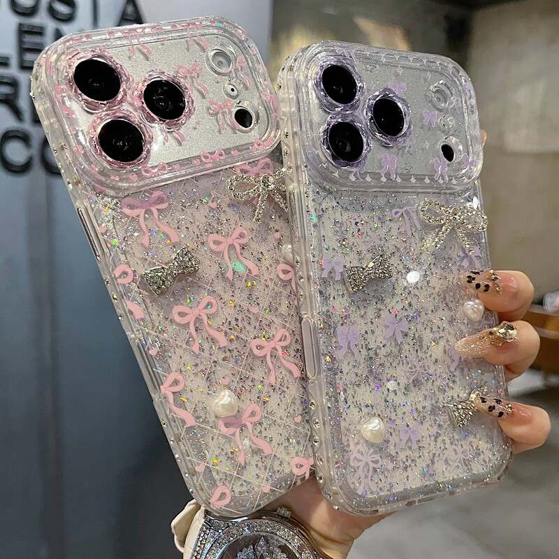 适用苹果系列iPhone17新款手机壳13pro/15promax高级紫色蝴蝶结16promax14promax全包闪粉花朵镜框网红保护套