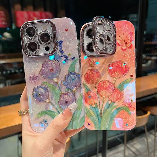 适用苹果系列iPhone16新款手机壳15promax/14promax优雅紫色郁金香13pro/16promax银灰色闪粉镜头支架保护套