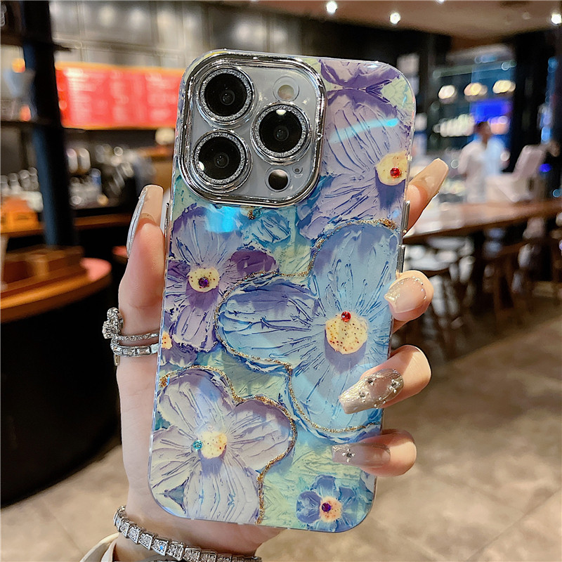 适用苹果15ProMax手机壳iPhone14/12蓝色花朵全包闪粉镜头膜11防摔13pro max网红女款14pro新款时尚ins保护壳