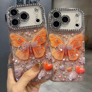适用苹果系列iPhone17新款手机壳14promax16promax时尚爆闪橙色蝴蝶15promax全包满钻精孔镜框网红女款保护套