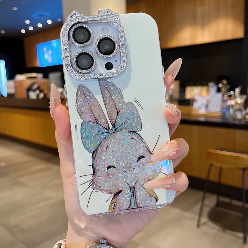 适用苹果系列iPhone16新款手机壳15/14promax轻奢感卡通开心粉兔13/16promax猫耳型满边钻框闪钻镜头膜保护套