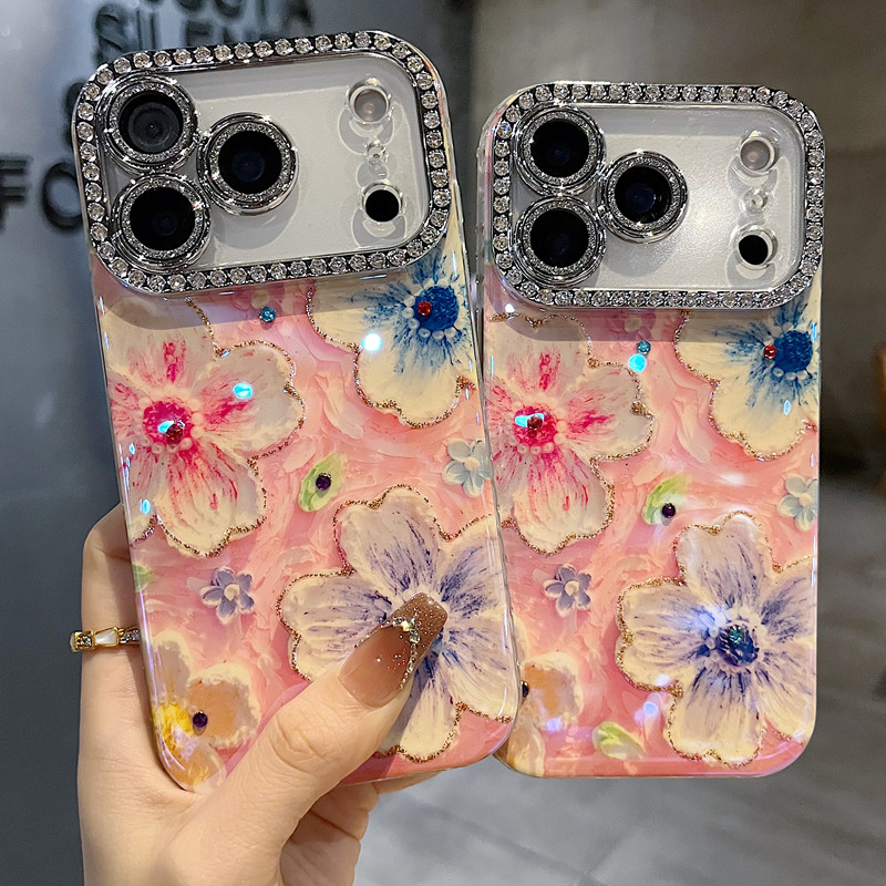 适用苹果系列iPhone17新款手机壳14pro/16promax花蕊渐变油画花13pro/15promax全包满钻精孔镜头框网红保护套
