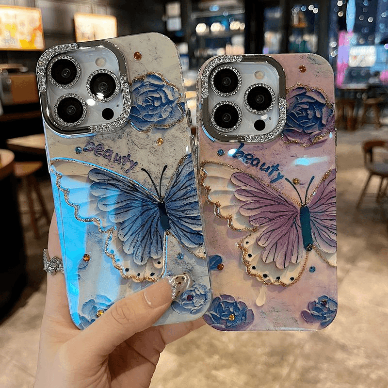 适用苹果系列iPhone16新款手机壳15promax/14promax半钻镜框优雅女款玫瑰蓝白蝴蝶配闪钻镜头膜网红保护套
