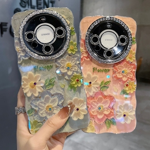 适用华为mate70系列苹果新款 手机壳Pura80小众风flower粉底粉白油画花mate60全包满钻精孔镜框扭边网红保护套