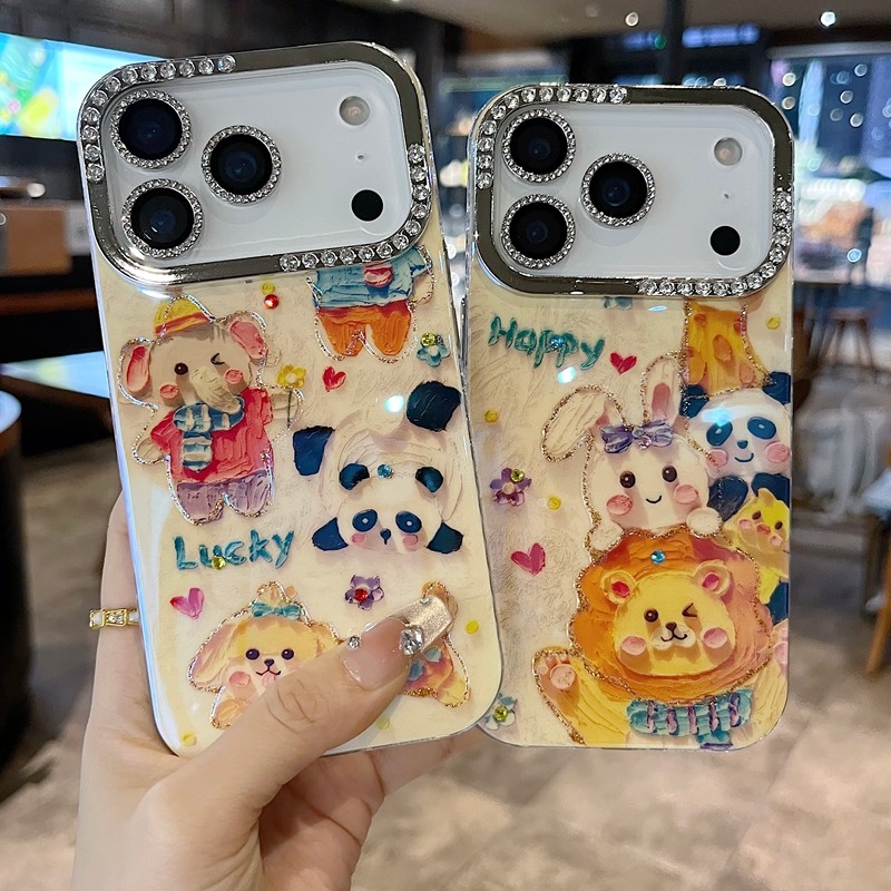 适用苹果系列iPhone17新款手机壳16promax14promax可爱ins风Happy獅子13pro/15promax半钻大孔透气网红保护套