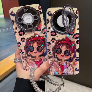 适用华为mate70系列苹果16promax新款手机壳P70pro创意时尚豹纹富婆带手链15promax全包镜头膜翻盖支架保护套